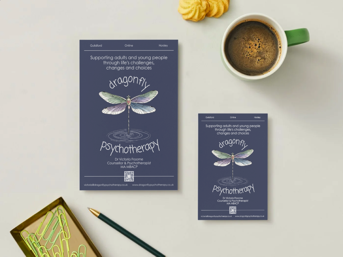 Dragonfly Psychotherapy brand identity and print design by LunaClara Design Surrey